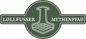 Das Logo des Mythenpfades, das die Kontur eines Thorhammers und den Namensschriftzug zeigt.